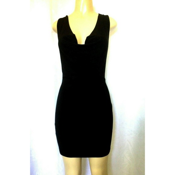 Cache Dress Fitted Draped Neck Black Mini Sheath Lined O Ring back S Jer… - Picture 1 of 5